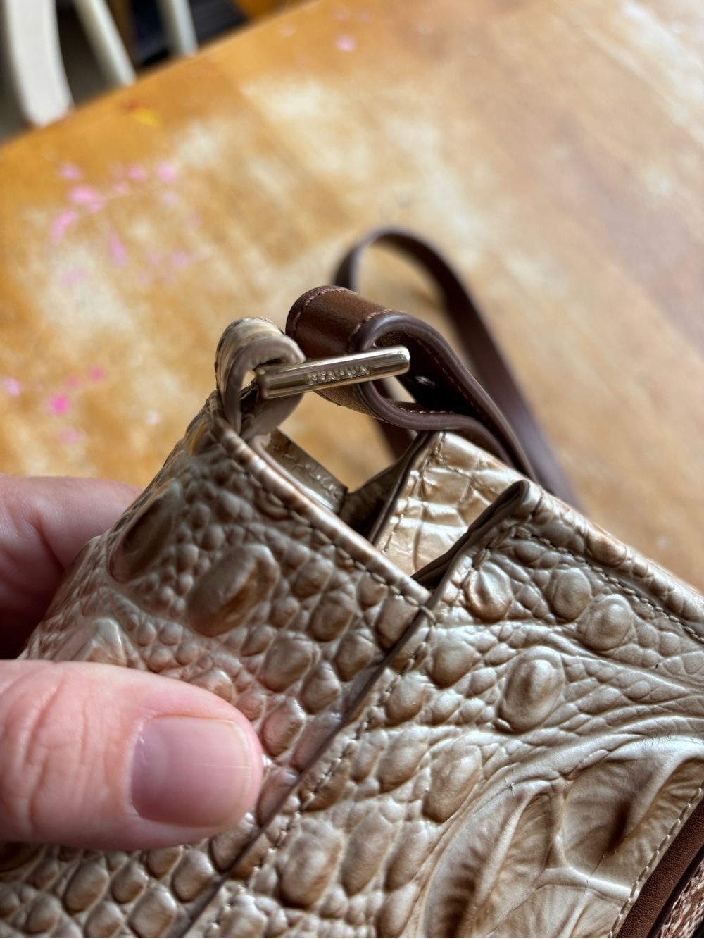 Brahmin Hilary Crossbody Beige and Brown Croc-Embossed Leather with Tassel - Picture 7 of 16